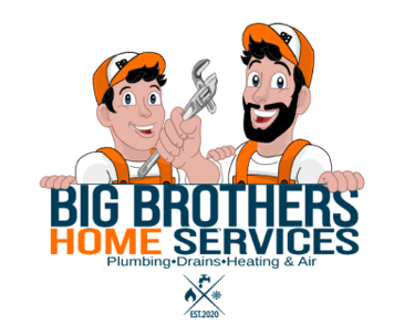 Logo featuring two smiling cartoon brothers in hard hats, one holding a wrench. Text reads: BIG BROTHERS HOME SERVICES Plumbing, HVAC, & Electrical.